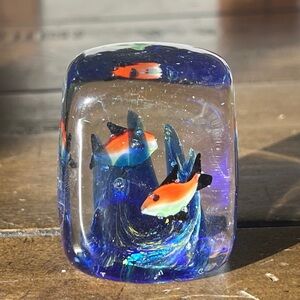 Vintage Glass Paperweight - Two Fish Swimming in the Ocean Design